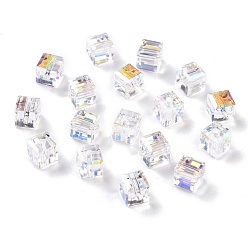 Прозрачный АВ Гальванизируйте прозрачные стеклянные бусины, граненый куб, с покрытием цвета радуги, ясно AB, 6x6x6 мм, отверстие : 1.8 мм