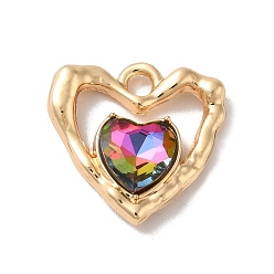 Colorful Rack Plating Alloy Pandants, with Glass, Nickel Free, Heart Charms, Golden, Colorful, 19x19x5mm, Hole: 2.3mm