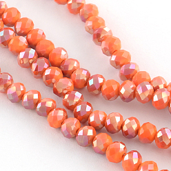 Dark Orange Electroplate Glass Faceted Rondelle Bead Strands, Half Rainbow Plated, Dark Orange, 6x4mm, Hole: 1mm, about 87~90pcs/strand, 15.7 inch