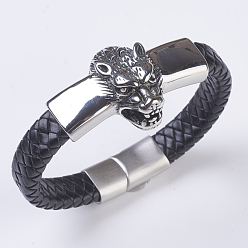 Noir Tressés bracelets cordon en cuir pour hommes, avec des résultats en acier inoxydable 304 et des fermoirs magnétiques mat, tête de loup, noir, 8-1/4 pouces ~ 8-5/8 pouces (210~220 mm)