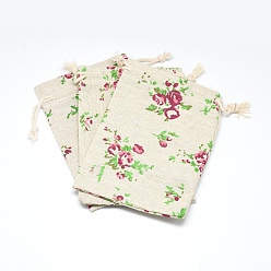 Wheat Polycotton(Polyester Cotton) Packing Pouches Drawstring Bags, with Printed Flower, Wheat, 14x10cm