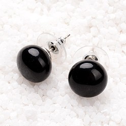 Black Agate Black Agate Stud Earrings, with Platinum Tone Brass Findings, 21.5x12mm, Pin: 0.7mm