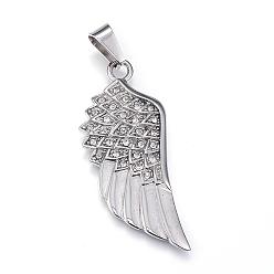 Stainless Steel Color 316 Surgical Stainless Steel Rhinestone Pendants, Wing, Stainless Steel Color, 47x20x3mm, Hole: 5x9mm