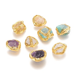 Pierre Mélangete Perles de pierres précieuses naturelles brutes, avec bord en laiton plaqué or, nuggets, 16~26x13~21x8~17mm, Trou: 0.8~0.9mm