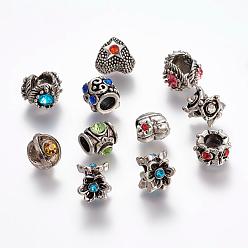 Mixed Color Alloy Rhinestone European Beads, Large Hole Beads, Antique Silver Color, Size: about 6~12mm long, round: 4~5mm in diameter