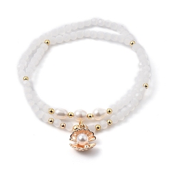 White Faceted Glass Bead Stretch Bracelets, Stackable Bracelets, with Brass Bead, Natural Cultured Freshwater Pearl Bead and Alloy & Imitation Pearl Charms, Shell Shape, Golden, White, Inner Diameter: 2-1/4 inch(5.7cm), 2pcs/set