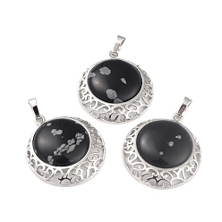 Snowflake Obsidian Natural Snowflake Obsidian Pendants with Hollow Platinum Brass Findings, Flat Round, 33.5x30x6mm, Hole: 8x5mm