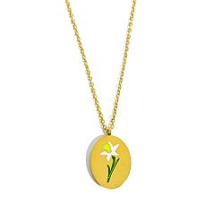 March Daffodil Birth Month Flower Style Titanium Steel Oval Pendant Necklace, Golden, March Daffodil, 15.75 inch(40cm)