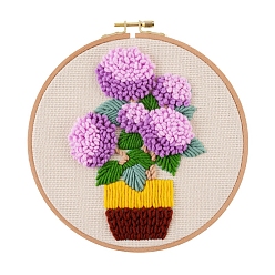 Fleur Kits de peinture de broderie de fil de bricolage de motif de fleur pour les débutants, y compris les instructions, tissu en coton imprimé, fil à broder et aiguilles, cercle à broder rond, hortensia, 3mm
