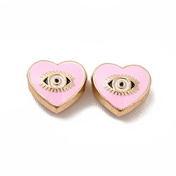 Perlas de Color Rosa Perlas de esmalte de la aleación, corazón con ojo de caballo, dorado, rosa perla, 9x10x4 mm, agujero: 1.6 mm