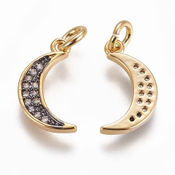 Golden Brass Micro Pave Cubic Zirconia Charms, with Enamel, Moon, Golden, 15x8x2mm, Hole: 3mm