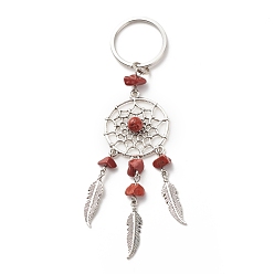 Red Jasper Natural Red Jasper Keychain, with Iron, 304 Stainless Steel & Alloy Findings, Woven Net/Web with Feather, 11.4~11.8cm