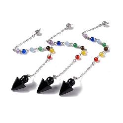 Obsidian Natural Obsidian Cone Dowsing Pendulum Pendants, with Chakra Gemstone Round Beads, Rack Plating Platinum Tone Brass Findings & Chains, 235mm