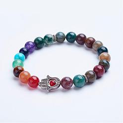 Indian Agate Natural Indian Agate Beaded Stretch Bracelets, with Alloy Spacer Beads, Hamsa Hand/Hand of Fatima/Hand of Miriam, 1-3/4 inch(45mm)