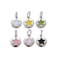 Real Platinum Plated Brass Enamel Charms, Nickel Free, Flat Round with Star, Real Platinum Plated, 10x8x1mm, Hole: 3mm