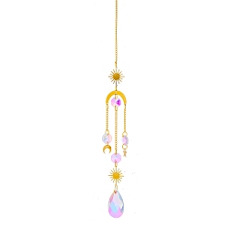 Sun Glass Pendant Decorations, Hanging Suncatchers, with Brass Findings, for Home Decoration, Sun Pattern, 400~430mm