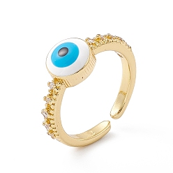White Evil Eye Enamel & Clear Cubic Zirconia Open Cuff Ring, Real 18K Gold Plated Brass Lucky Jewelry for Women, Lead Free & Cadmium Free, White, US Size 5(15.7mm)