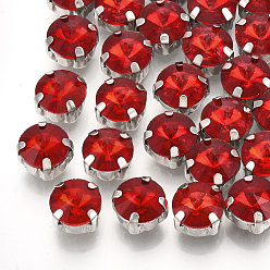 Roja Cose en el rhinestone, Enlaces multifilares, diamantes de imitación de cristal, con ajustes de puntas de latón, accesorios de prendas de vestir, facetados, plano y redondo, Platino, rojo, 9x6.3 mm, agujero: 0.8~1 mm