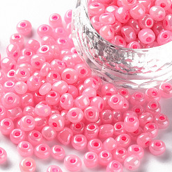 Pink 6/0 Glass Seed Beads, Ceylon, Round, Round Hole, Pink, 6/0, 4mm, Hole: 1.5mm, about 500pcs/50g, 50g/bag, 18bags/2pounds