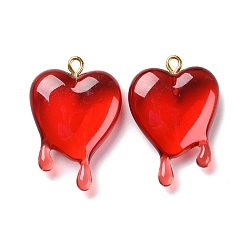 Red Transparent Resin Pendants, with Golden Iron Loop, Melting Heart, Red, 30.5x21x7mm, Hole: 1.8mm