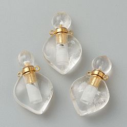 Quartz Crystal Natural Quartz Crystal Pendants, Rock Crystal Pendants, with Golden Brass Findings, Openable Perfume Bottle, 37x21x11mm, Hole: 1.5mm