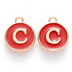 Letter C Golden Plated Alloy Charms, with Enamel, Enamelled Sequins, Flat Round, Red, Letter.C, 14x12x2mm, Hole: 1.5mm, 50pcs/Box