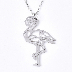 Stainless Steel Color 201 Stainless Steel Pendant Necklaces, with Cable Chains, Flamingo Shape, Stainless Steel Color, 17.5 inch~17.9 inch(44.5~45.5cm), 1.5mm, Flamingo: 32x22x1mm