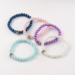 Mixed Color Round Glass Pearl Beaded Stretch Bracelets, with Tibetan Style Alloy Tube Bails, Antique Silver, Mixed Color, 48mm