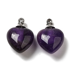 Amethyst Natural Amethyst Perfume Bottle Pendants, Heart Charms with Stainless Steel Color Plated 304 Stainless Steel Findings, 28x20x12mm, Hole: 2mm