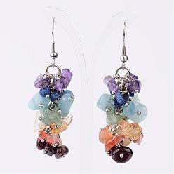 Mixed Stone Chakra Mixed Gemstone Cluster Earrings, with 304 Stainless Steel Pins, 55mm, Pin: 0.6mm