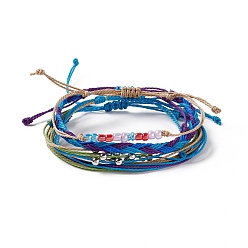 Темно-Голубой 4 шт. 4 набор браслетов из сплава и стеклянных плетеных бусин, регулируемые браслеты из вощеного полиэфирного шнура для женщин, глубокое синее небо, внутренний диаметр: 2~3-3/4 дюйм (5~9.6 см), 1 шт / стиль