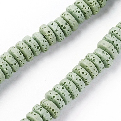 Dark Sea Green Natural Lava Rock Beads Strands, Dyed, Flat Round/Disc, Dark Sea Green, 8~8.5x3~4mm, Hole: 2mm, about 62 pcs/Strand, 7.87 inch(20 cm)