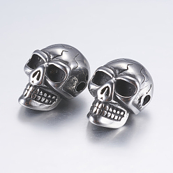 Plata Antigua 316 perlas quirúrgicas de acero inoxidable, cráneo, plata antigua, 14x9.5x9 mm, agujero: 2 mm