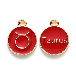 Taurus Alloy Enamel Pendants, Flat Round with Constellation, Light Gold, Red, Taurus, 15x12x2mm, Hole: 1.5mm, 50pcs/Box