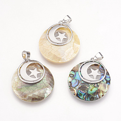 Mixed Shell Shell Pendants, with Platinum Tone Brass Findings, Flat Round with Moon and Star, 32x28x7mm, Hole: 4x5mm