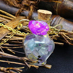 Fluorite Natural Fluorite Chips Perfume Bottle Necklace, Glass Pendant Necklace with Alloy Chains for Women, 19.69 inch(50cm)
