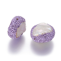 Lilac Natural Baroque Pearl Cultured Freshwater Pearl Beads, with Polymer Clay Rhinestone, Nuggets, Lilac, 20~25x21~25x12~16mm, Hole: 1.4mm