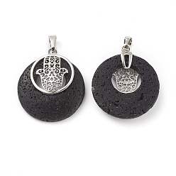 Lava Rock Natural Lava Rock Pendants, with Platinum Tone Brass Findings, Flat Round with Hamsa Hand/Hand of Fatima/Hand of Miriam, 32~32.5x28x7~7.5mm, Hole: 5x8mm