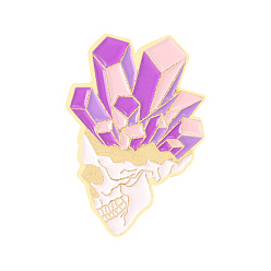 Фиолетовый Сплавные эмалевые броши, череп с кристаллом, фиолетовые, 28x19 мм