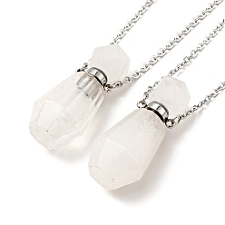 Quartz Crystal Openable Faceted Natural Quartz Crystal Perfume Bottle Pendant Necklaces for Women, 304 Stainless Steel Cable Chain Necklaces, Stainless Steel Color, 18.74 inch(47.6cm)