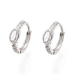 Clear Glass Oval Hoop Earrings with Cubic Zirconia, Real Platinum Plated Brass Jewelry for Women, Nickel Free, Clear, 14.5x13x2mm, Pin: 1mm