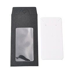 Черный Бумажные коробки, с ожерельем и серьгами для демонстрации ювелирных изделий и прозрачным окном из ПВХ, упаковочные коробки, прямоугольные, чёрные, 15.4x6.7x0.1 см, отверстие : 8 мм, окно: 85x44 мм