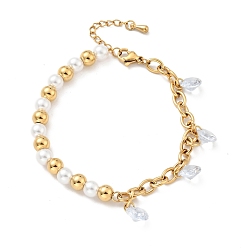 Golden Clear Cubic Zirconia Charms Bracelet, Plastic Pearl & 201 Stainless Steel Beaded Bracelet with Vacuum Plating 304 Stainless Steel Curb Chains for Women, Golden, 7-1/2 inch(19cm)