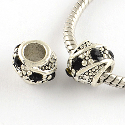 Jet Barrel Antique Silver Plated Metal Alloy Rhinestone European Beads, Large Hole Beads, Jet, 10~11x9mm, Hole: 5mm
