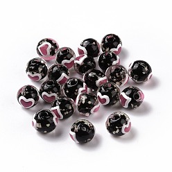 Black Handmade Lampwork Beads, Round with Heart, Black, 10x9mm, Hole: 1.4mm