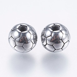 Античное Серебро 304 из нержавеющей стали бусы, футбол / футбольный мяч, античное серебро, 8 мм, отверстие : 2 мм