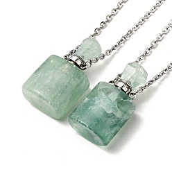 Fluorite Openable Natural Fluorite Perfume Bottle Pendant Necklaces for Women, 304 Stainless Steel Cable Chain Necklaces, Stainless Steel Color, 18.74 inch(47.6cm)