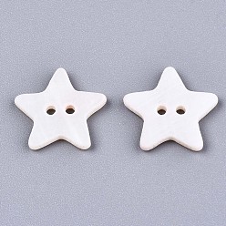 Seashell Color 2-Hole Freshwater Shell Buttons, Star, Seashell Color, 14~15x15~16x2mm, Hole: 1.5mm