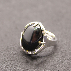 Black Onyx Bague réglable ovale en onyx noir naturel, bijoux en alliage de platine pour femmes, diamètre intérieur: 18 mm