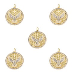 Golden 5Pcs Brass Micro Pave Clear Cubic Zirconia Pendants, with Jump Rings, Long-Lasting Plated, Flat Round with Bird & Cross, Golden, 27.5x25x2.3mm, Hole: 3.7mm